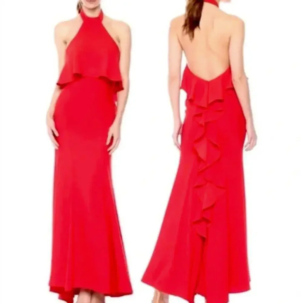 NWT Xscape Red Long Halter Low Back Maxi Dress Gown Size 2 / Small - Picture 3 of 9